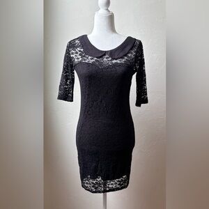 Poof Couture Black Lace Dress Peter Pan Collar Sheer Sleeve Bodycon Small